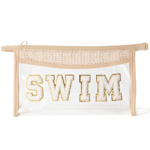 SWIM Makeup Bag Large Storage Bag Toiletry Bag for Holiday Travel, Beige Straw Triangle Bag Transparent Waterproof