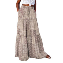 Women's Bohemian Floral Print Elastic Waist High Waist Tie Long Skirt Khaki L
