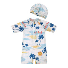 Badeanzug für Kleinkinder mit floralem Cartoon-Print, Kurzarm-Rashguard, Reißverschluss, Mütze – Beige, 5-6 Jahre
