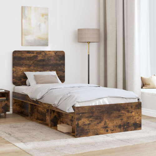 VidaXL vidaXL Bed Frame with Headboard Smoked Oak 90 x 200 cm Solid Pine Wood 1