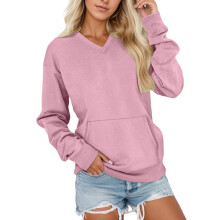 Women's V-Neck Pullover Hoodie with Pockets, Soft Long Sleeve Loose Fit Sweatshirt – Light Pink, 2XL, Compatible with Casual & Lounge Wear