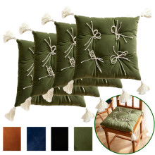 Square-Shaped Chair Cushions, Thick Dining Chair Pads with Ties and Removable, Machine-Washable Velvet Cover, 17" x 17", Set of 4, Green