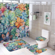 4-Pc Shower Curtain Set: Succulent Floral Rug, Toilet Lid Cover, Non-Slip U-Shape Mat, 12 Hooks, 72"x72", Green Botanical Watercolor Cactus
