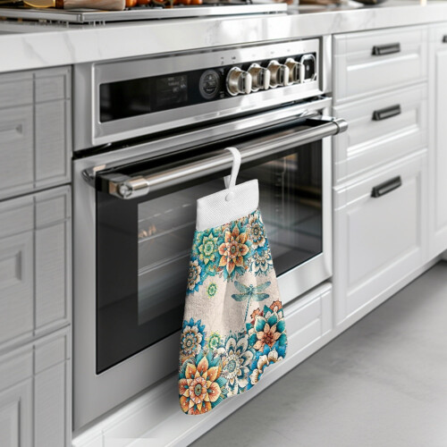 Boho Mandala Flower Kitchen Towel Hangs with Snap Button 1