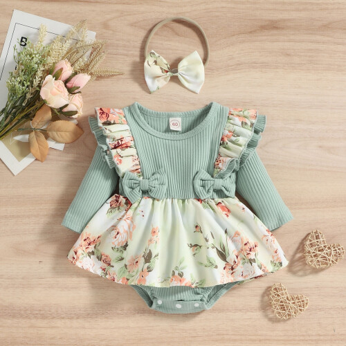 Baby Clothes Set Green Ruffled Romper Bodysuit Headband 1