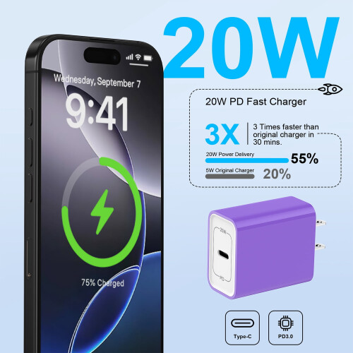 USB-C PD Wall Charger with 6ft Cable Purple 20W 1