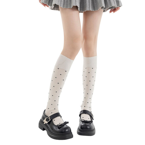 Breathable Knee Length Cotton Socks With Dot Pattern Long-Beige