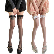 Florals Lace Thigh High Stockings Ruffle Trim-Black white