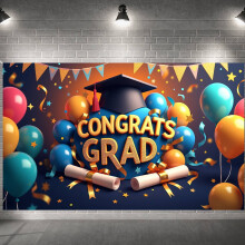 Purple Graduation Banner with Silver Text, Balloon & Confetti – Compatible with Grad Party Photo Shoot & Ceremony