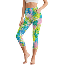 Tropical Leaves Print Capri Leggings for Women High Waisted Yoga Pants Lightweight Yoga Leggings with Pockets, XL
