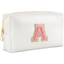 Preppy Leather Waterproof Makeup Bag – Personalized Initial Pouch, Christmas & Birthday Gift for Girls/Women, Compatible with Travel & Daily Use