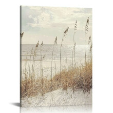 Beach Wall Art Canvas Decor: Coastal Scene Ocean Picture Sea Seascape Artwork Seaside Seashore Grass Painting Print 12x16 in