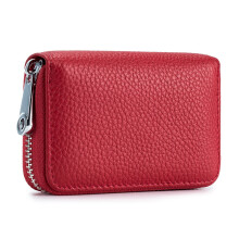 Credit Card Holder RFID Blocking 12 Card Slots Leather Mini Credit Card Wallet Purse with Zipper-Red