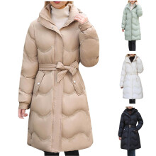Long Puffer Winter Coat for Women, Zip-Up Hooded Quilted Jacket with Belt, Warm Solid Down Coat – Compatible with 2025