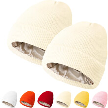Satin Lined Beanie for Women, 2 Packs Winter Hats with Silk Lining, Soft Slouchy Beanie Skull Cap for Cold Weather