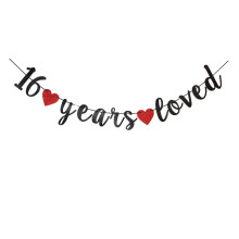 16 Years Loved Black Banner, Sweet Sixteen Party Supplies, 16th Birthday Party Bunting Sign, Happy 16th Wedding Anniversary Party Decoration Garlands