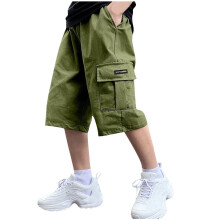 Boy's Baggy Cargo Shorts Straight Leg Cool Shorts Flap Pocket Letter Patched Short Olive Green 12-13 Years