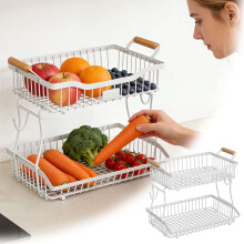 2 Tier Fruit Basket For Kitchen Counter, Countertop Metal Bread Basket With Wooden Handle, Large Storage Stand For Vegetables, Snacks, Eggs– White