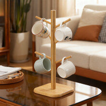 Wood Mug Tree Stand with 6 Hooks – Kitchen Coffee Cup Organizer, Compatible with Standard Mugs
