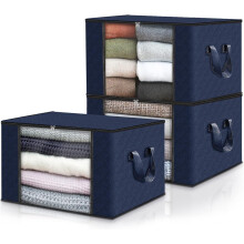 3-Pack Foldable Blanket Storage Bags, Thick Fabric Clothes Organizers with Handles – Compatible with Bedroom, Closet & Comforter Storage