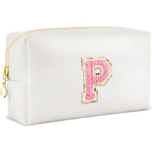 Preppy Leather Waterproof Makeup Bag – Personalized Initial Pouch, Christmas & Birthday Gifts for Girls/Women | Compatible with Travel