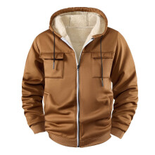 Men's Thermal Fleece Hooded Sweatshirt Jacket Windproof Outdoor Sportswear Solid Color Casual Pullover