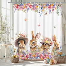 Spring Easter Shower Curtain,Happy Easter Rabbit and Floral Fabric Bathroom Curtain Decor with Hooks,60x72 in