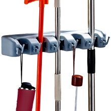Strong Grip Mop Organizer Mop Clip Holder Wall Mounted Mop Clip Broom Holder with 5 Slots Heavy Duty Brush Holder with 6 Hooks Space-saving for Tools