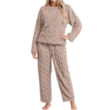 Women's Fleece-Lined Thick Crew Neck Long Pants Pajama Set Khaki Size S