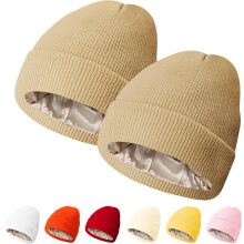 Satin Lined Beanie for Women, 2 Packs Winter Hats with Silk Lining, Soft Slouchy Beanie Skull Cap for Cold Weather
