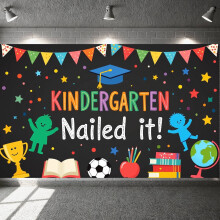 Colorful Kindergarten Graduation Banner with Cap, Silhouettes & Trophy – Compatible with Preschool Graduation Ceremony
