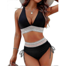 (XL, Black) Women High Waisted Bikini Sets Tummy Control Swimsuits Color Block Two Piece Drawstring Bathing Suit