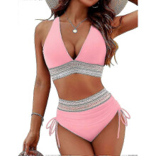 (S, Pink) Women High Waisted Bikini Sets Tummy Control Swimsuits Color Block Two Piece Drawstring Bathing Suit