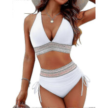 (M, White) Women High Waisted Bikini Sets Tummy Control Swimsuits Color Block Two Piece Drawstring Bathing Suit