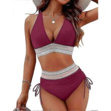 (M, Red) Women High Waisted Bikini Sets Tummy Control Swimsuits Color Block Two Piece Drawstring Bathing Suit
