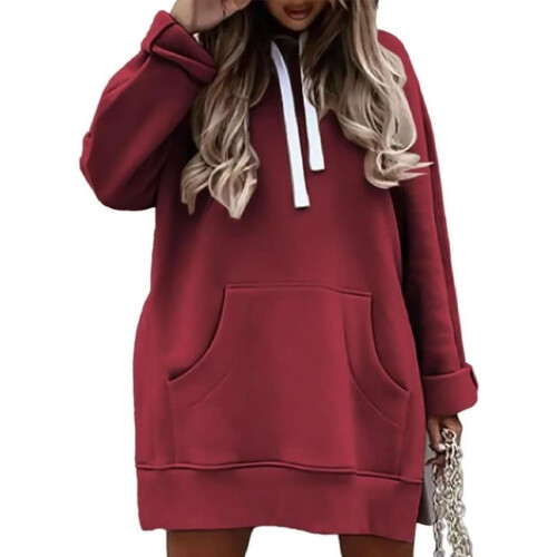 Το ζεστό, oversized φόρεμα με κουκούλα για γυναίκες, First Ones casual πουλόβερ με κορδόνι,