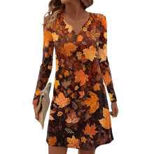 Women's Autumn Winter Long-sleeved Casual V-Neck Floral Print Midi Dress, Pocket-Free, Orange-Yellow, Size M