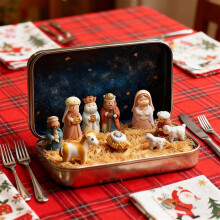 Mini crèche de Noël en boîte métallique, figurines portables de la Sainte Famille, décoration religieuse, ornement de voyage, cadeau
