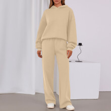 Conjunto feminino casual de outono de 2 peças, composto por blusa de moletom de manga comprida com capuz e calça pantalona bege, tamanho XXL.