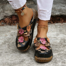 Sandals for Women Women's Retro Dimensional Flower Material Stitching Sandals Vintage Wedge Shoes