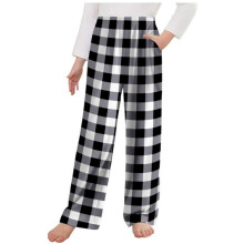 Calça de pijama feminina com cintura elástica, modelagem solta, design xadrez clássico e tecido elástico. Calça de pijama casual e confortável.