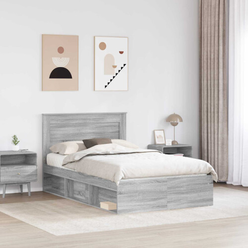 VidaXL vidaXL Bed Frame with Drawer Grey Sonoma 120 x 190 cm Solid Pine Wood 1