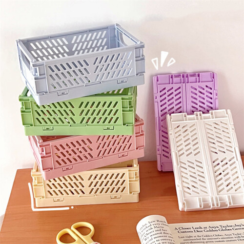 Plastic Baskets Foldable Desk Crates Storage Box Stackable Table Basket Organizers Office Desktop Drawer Shelf Purple 2