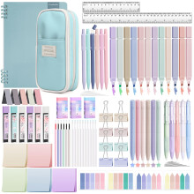 YIBONIKA 80 PCS Aesthetic Stationery Supplies with Blue Pencil Case & Notebook,
