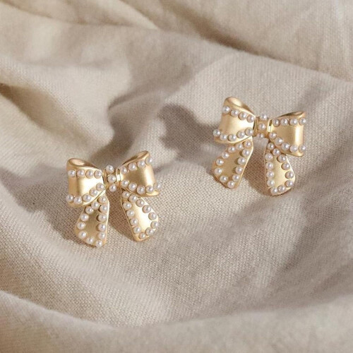 Pearl Drop Earrings with Bow Design for Women 2