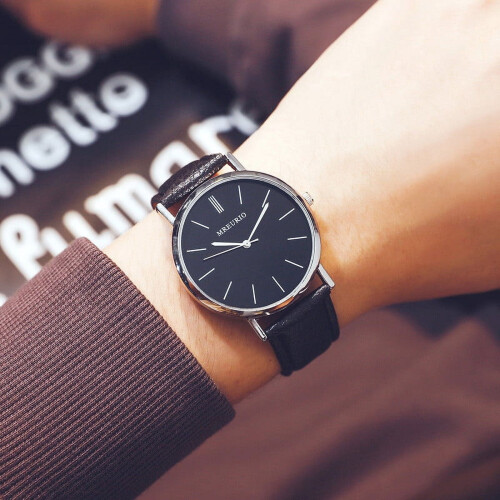 Men's Quartz Watch Silver Case Leather Strap Minimalist 2