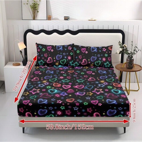 King Sheet Set Soft Black Neon Heart Star Print 3-Pc 1