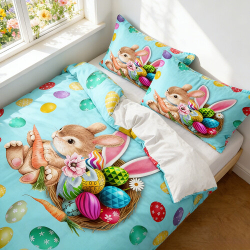 3PC Bunny Pattern Duvet Cover Set, Soft Microfiber, Breathable & Lightweight, Easter Bedding, Compatible with Standard Beds 2