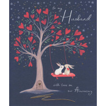Woodmansterne Husband Anniversary Card - Illustrated Bunnies in a Tree - Night S