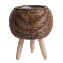 Vintage Imitation Rattan Woven Flower Shelf Planters Handmade Storage Basket with Wooden Legs Plant Pot Stand Holder,B